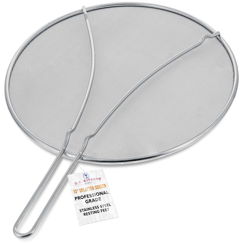 U.S. Kitchen Supply حارس تناثر من الفولاذ المقاوم للصدأ 13" شبكة دقيقة، غطاء للدهون والزيت، شاشة تناثر لمقلاة، أواني الطهي، مع أرجل للراحة - Image 1